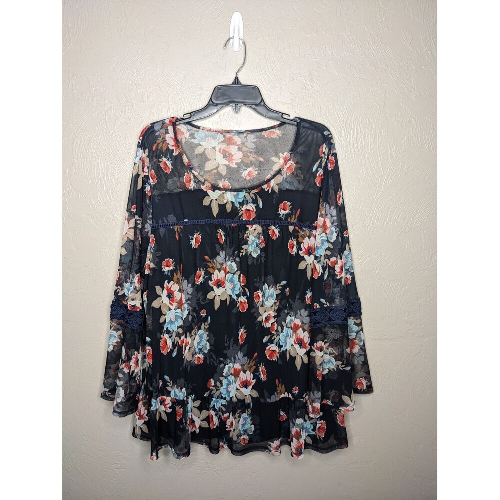 NY Collection Womens Plus 3X Navy Blue Floral Sheer Lined Bell Sleeve Blouse